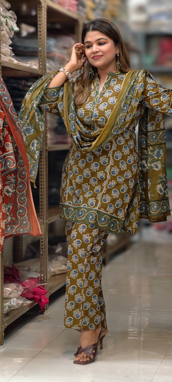 Earthy Floral Block Print Ethnic Cotton Short Length Kurta Full Suit Set With Dupatta- 14861 RB497