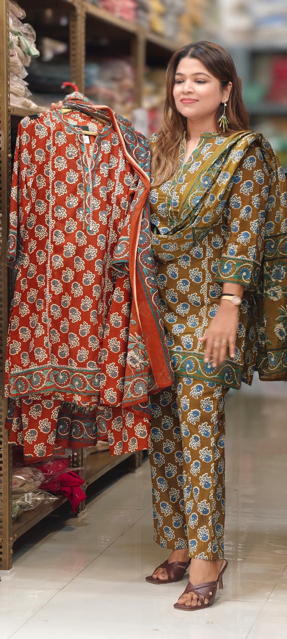 Earthy Floral Block Print Ethnic Cotton Short Length Kurta Full Suit Set With Dupatta- 14861 RB497