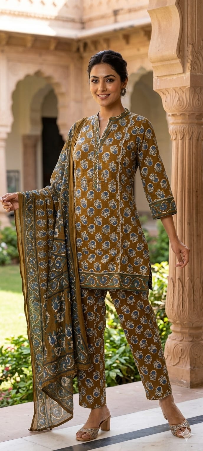 Earthy Floral Block Print Ethnic Cotton Short Length Kurta Full Suit Set With Dupatta- 14861 RB497