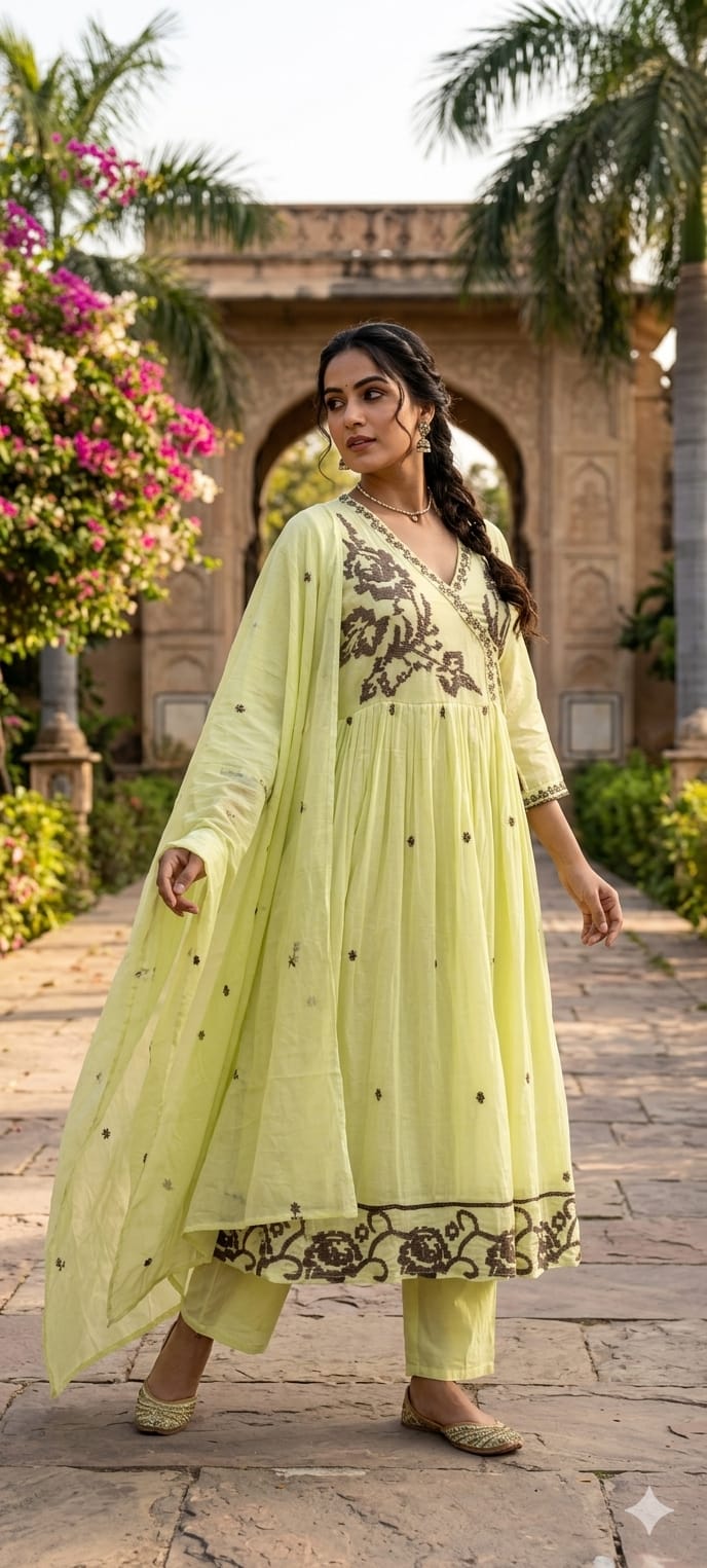 Cerulean Cross-Stitch Embroidered Angrakha Tiered Pleated Flared Anarkali Full Suit Set- 14852 RB501