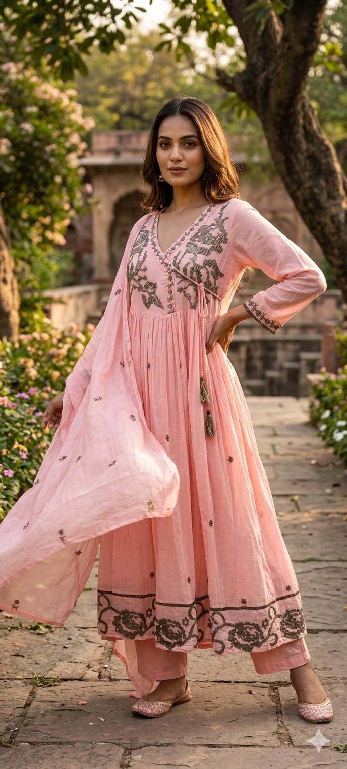 Cerulean Cross-Stitch Embroidered Angrakha Tiered Pleated Flared Anarkali Full Suit Set- 14852 RB501