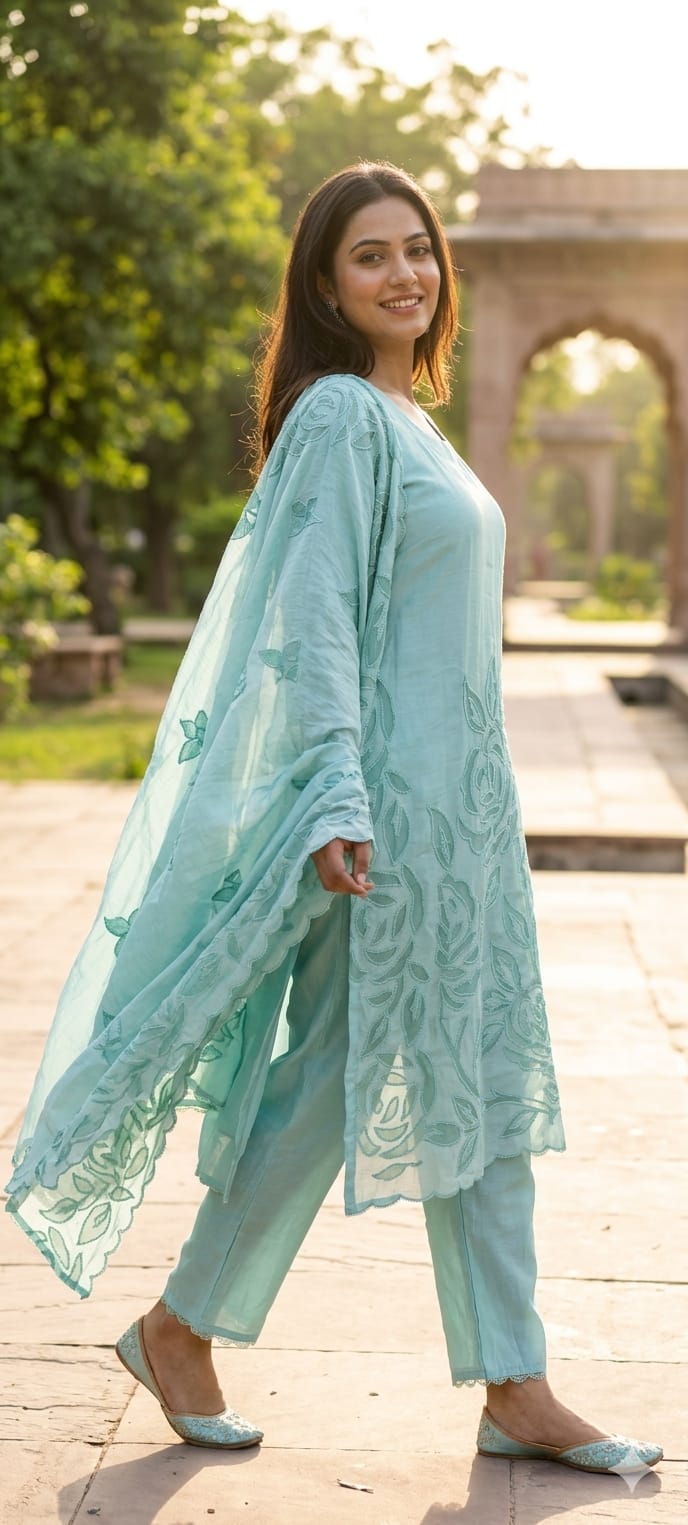 Organza Floral Cut Work Elegant Solid Full Suit Set With Dupatta In Surat Mul Chanderi Fabric- 14700 RB498