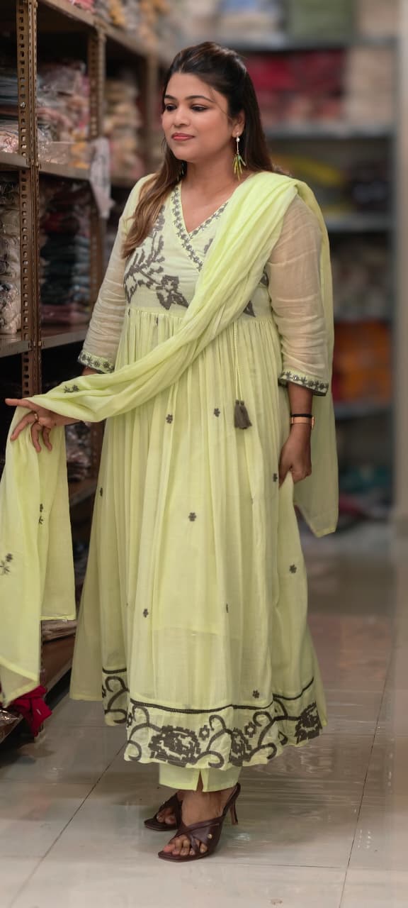 Cerulean Cross-Stitch Embroidered Angrakha Tiered Pleated Flared Anarkali Full Suit Set- 14852 RB501