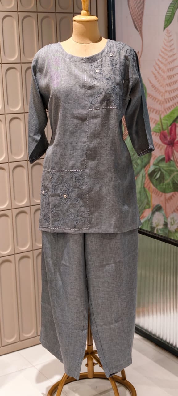 Slub Linen Co-Ord Set with Embroidered Artisanal Patchwork Detailing- 14862 RB504