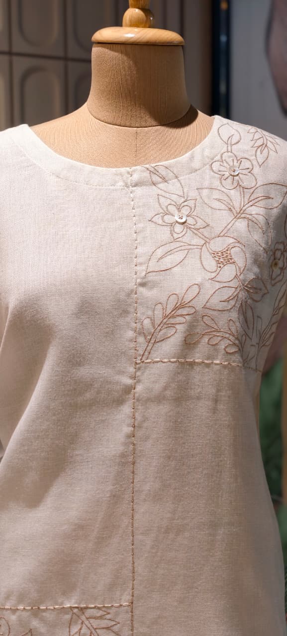 Slub Linen Co-Ord Set with Embroidered Artisanal Patchwork Detailing- 14862 RB504