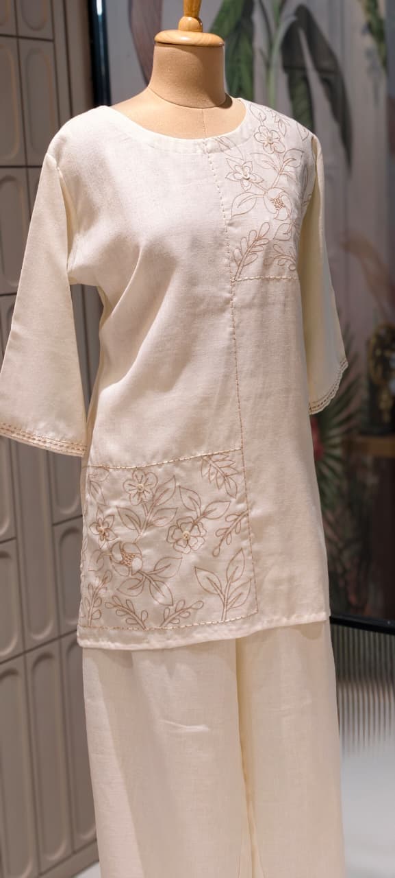Slub Linen Co-Ord Set with Embroidered Artisanal Patchwork Detailing- 14862 RB504