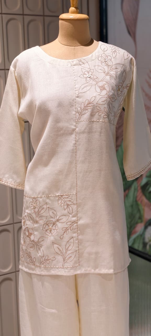 Slub Linen Co-Ord Set with Embroidered Artisanal Patchwork Detailing- 14862 RB504