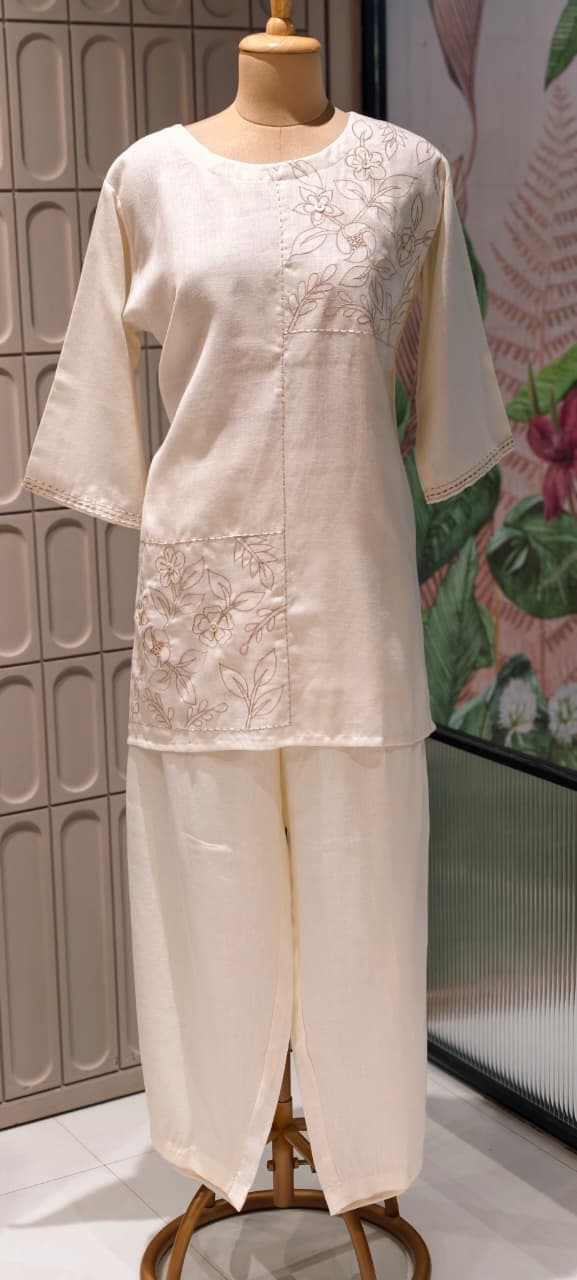 Slub Linen Co-Ord Set with Embroidered Artisanal Patchwork Detailing- 14862 RB504