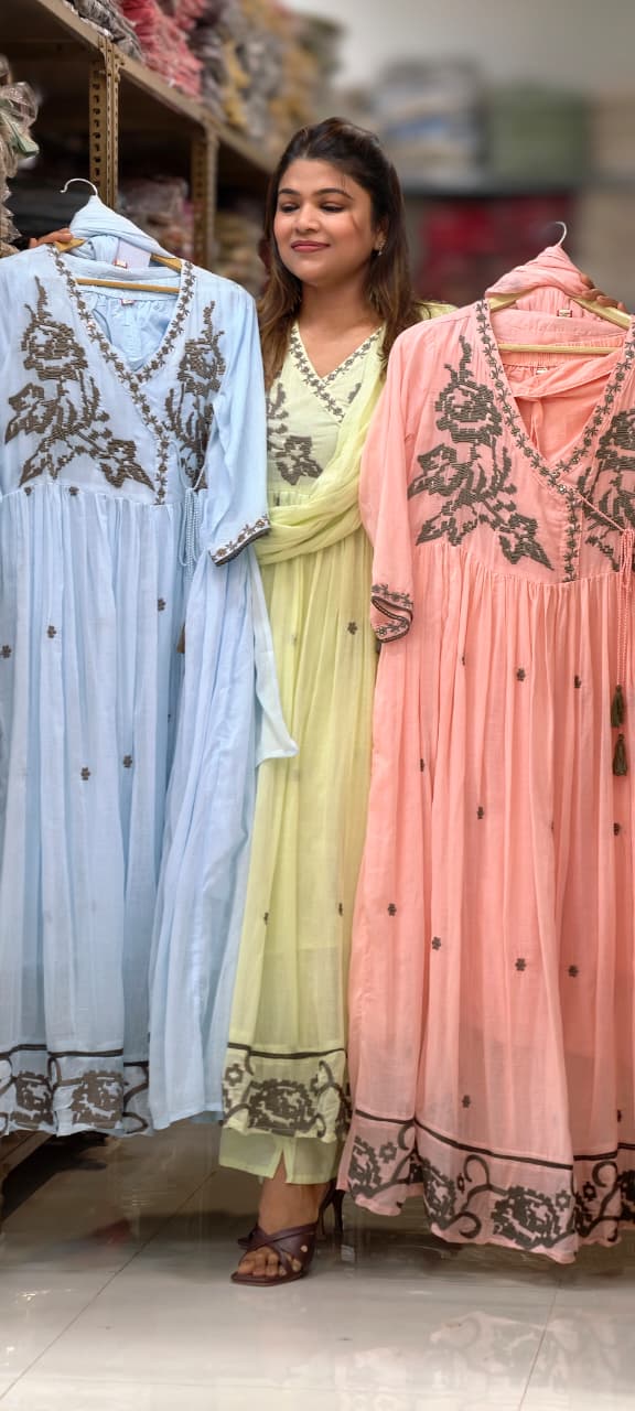 Cerulean Cross-Stitch Embroidered Angrakha Tiered Pleated Flared Anarkali Full Suit Set- 14852 RB501