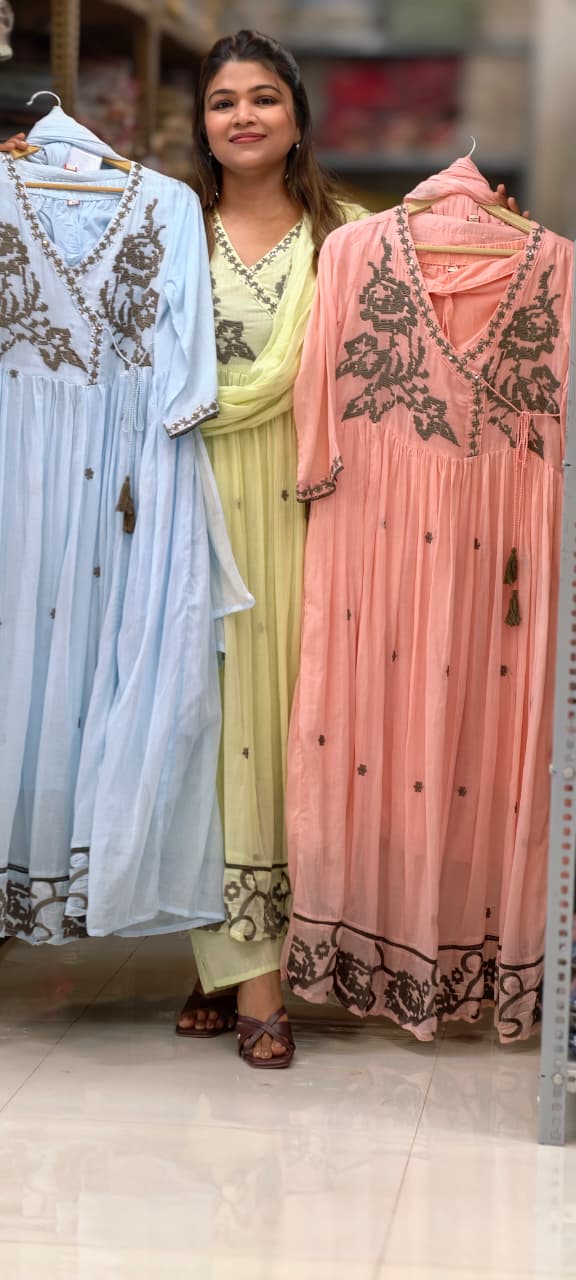 Cerulean Cross-Stitch Embroidered Angrakha Tiered Pleated Flared Anarkali Full Suit Set- 14852 RB501