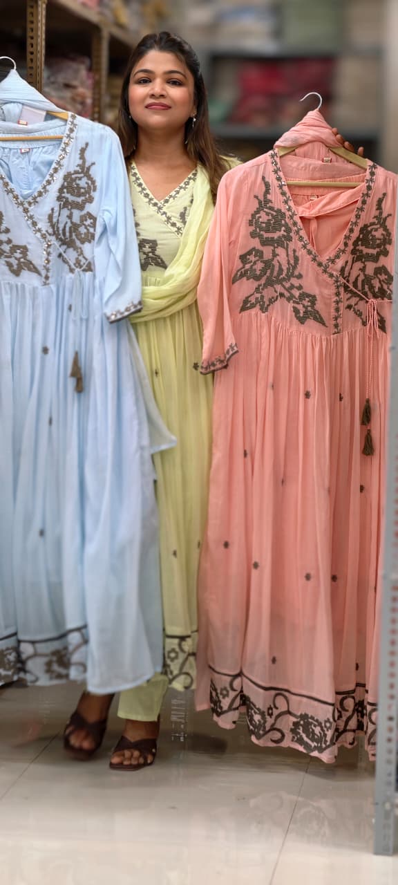 Cerulean Cross-Stitch Embroidered Angrakha Tiered Pleated Flared Anarkali Full Suit Set- 14852 RB501