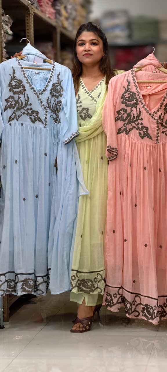 Cerulean Cross-Stitch Embroidered Angrakha Tiered Pleated Flared Anarkali Full Suit Set- 14852 RB501