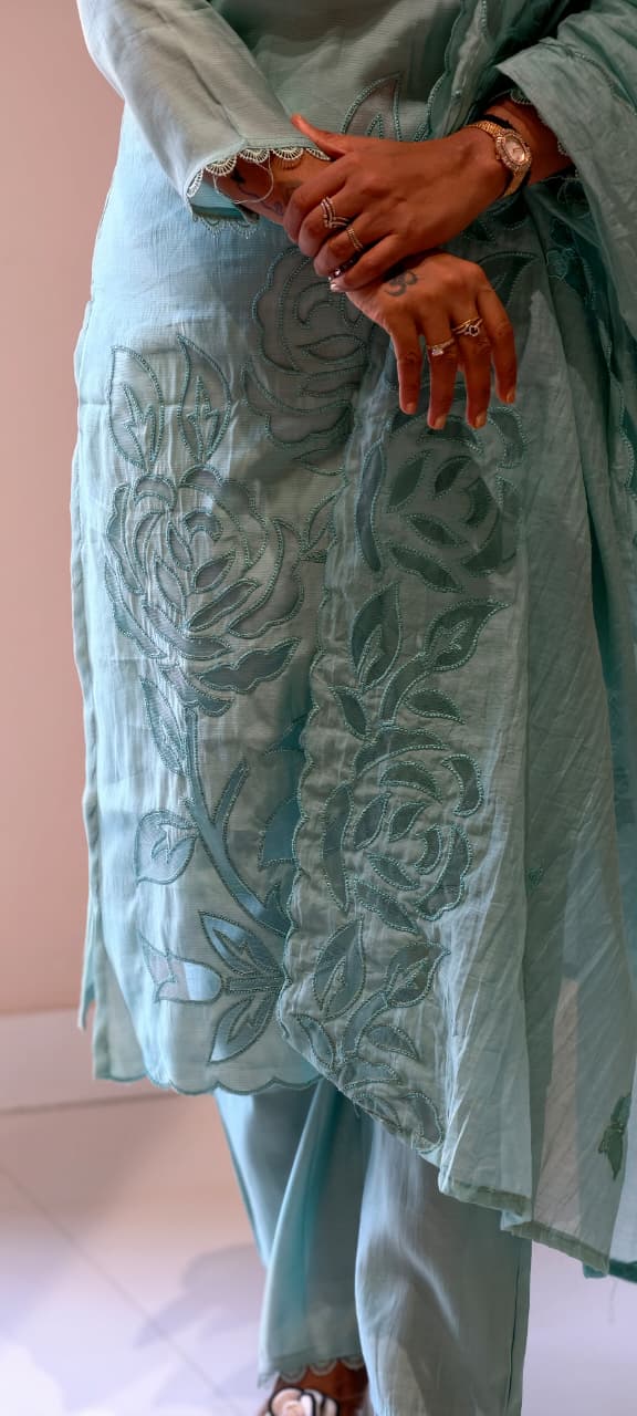 Organza Floral Cut Work Elegant Solid Full Suit Set With Dupatta In Surat Mul Chanderi Fabric- 14700 RB498