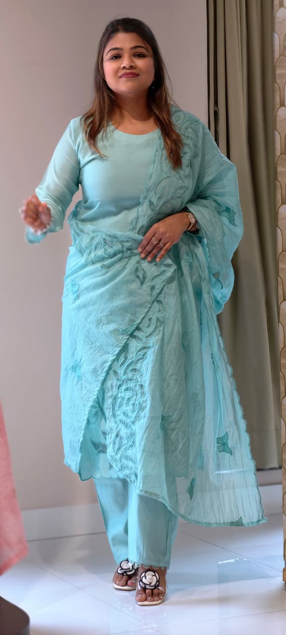 Organza Floral Cut Work Elegant Solid Full Suit Set With Dupatta In Surat Mul Chanderi Fabric- 14700 RB498