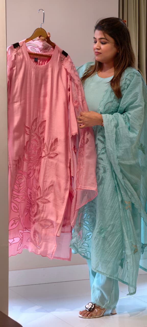 Organza Floral Cut Work Elegant Solid Full Suit Set With Dupatta In Surat Mul Chanderi Fabric- 14700 RB498