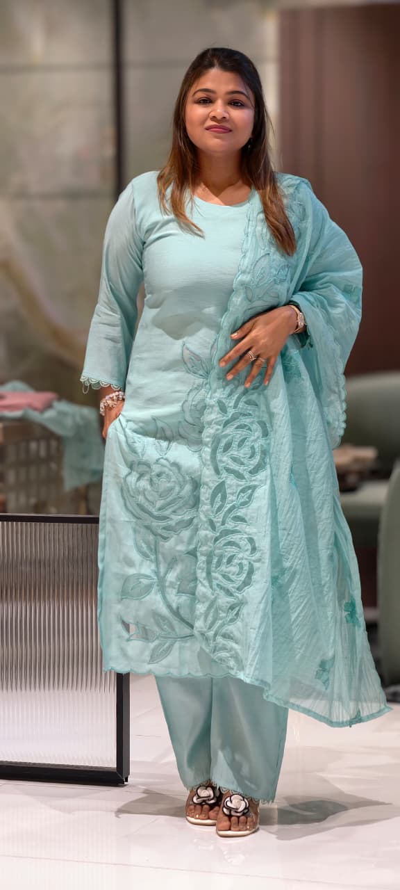 Organza Floral Cut Work Elegant Solid Full Suit Set With Dupatta In Surat Mul Chanderi Fabric- 14700 RB498