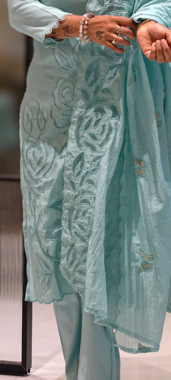 Organza Floral Cut Work Elegant Solid Full Suit Set With Dupatta In Surat Mul Chanderi Fabric- 14700 RB498