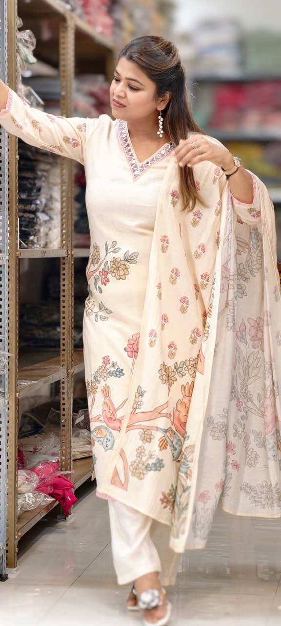Pastel Peach Floral & Bird Patchwork Linen Full Suit Set with Mirror-Work Neckline- 14568 RB499