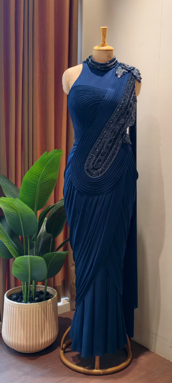 Midnight Sapphire Designer Draped Saree Gown with Hand Embellished Neckline & Statement Shoulder Detailing-14867-Dispatching After 30 Days