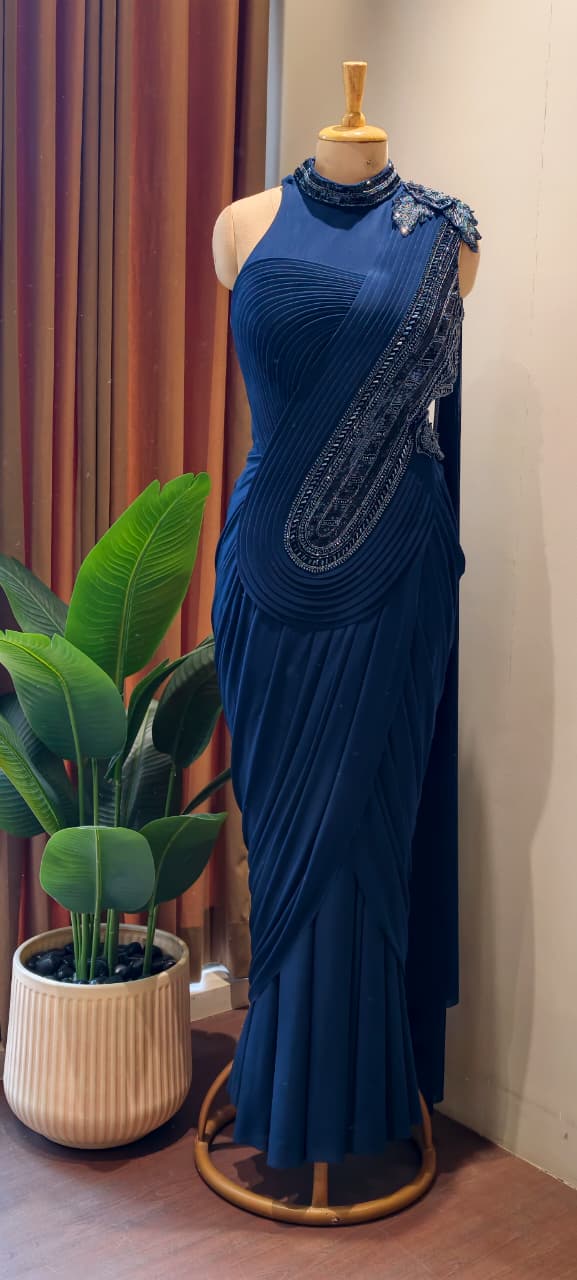 Midnight Sapphire Designer Draped Saree Gown with Hand Embellished Neckline & Statement Shoulder Detailing-14867-Dispatching After 30 Days