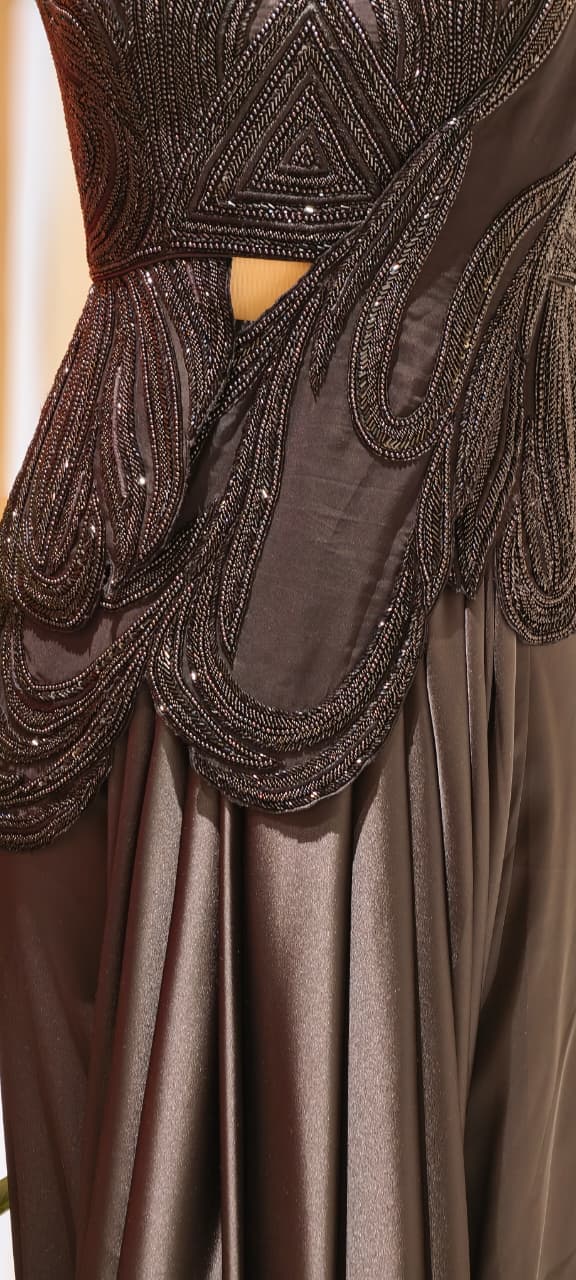 Midnight Noir Luxury Draped Saree Gown with Heavy Sequin & Bead Embellished Corset Blouse-14235-Dispatching after 30 Days