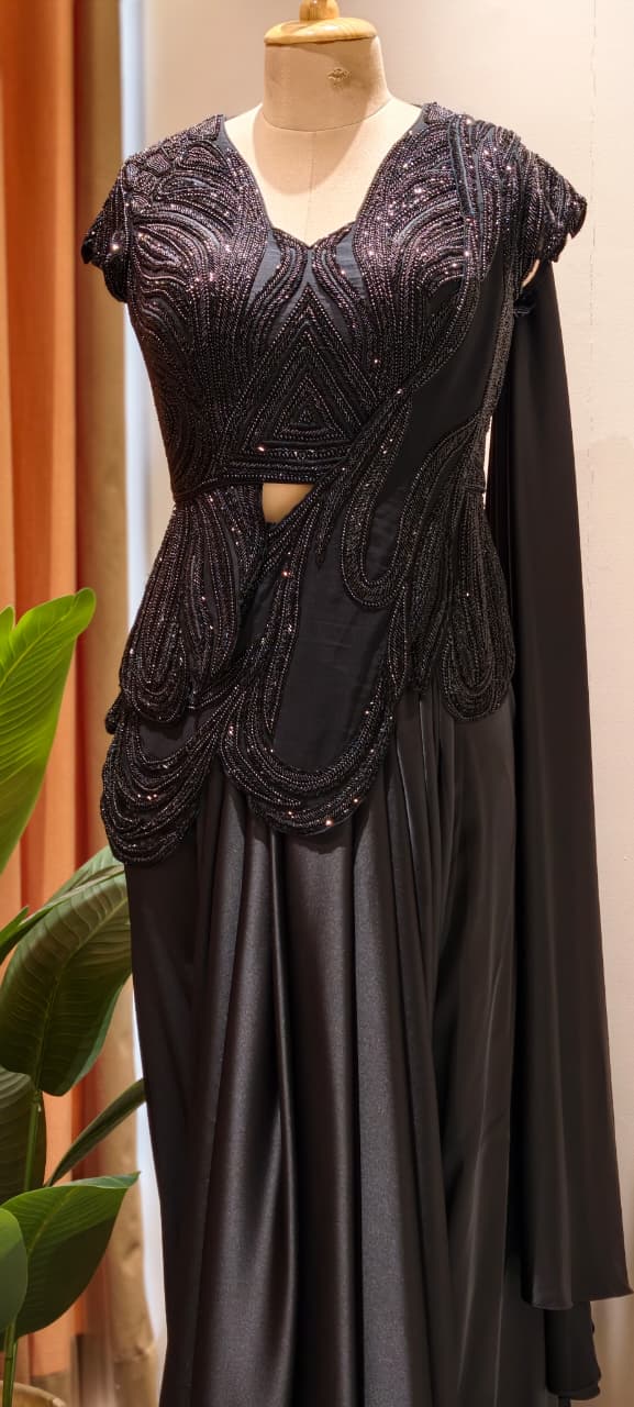 Midnight Noir Luxury Draped Saree Gown with Heavy Sequin & Bead Embellished Corset Blouse-14235-Dispatching after 30 Days