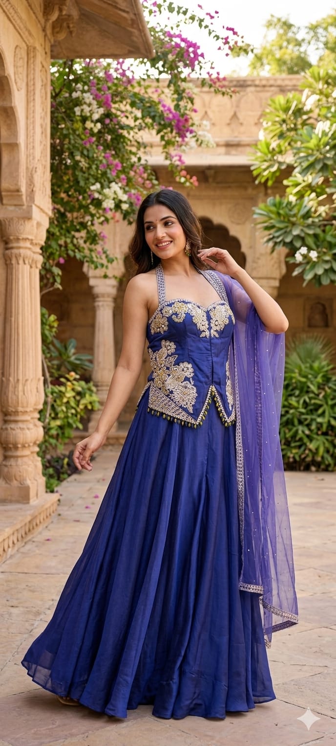 Royal Indigo Hand-Embellished Regal Statement Stunning Scalloped Bodice Indo Wear- 14326 RB333