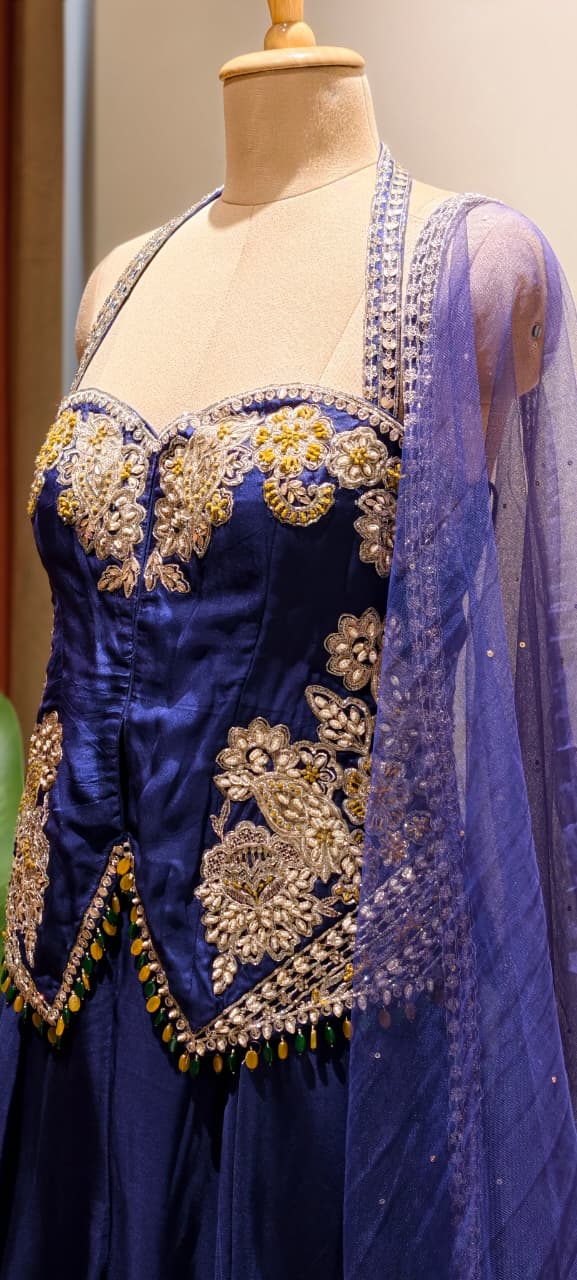 Royal Indigo Hand-Embellished Regal Statement Stunning Scalloped Bodice Indo Wear- 14326 RB333