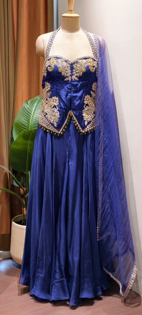 Royal Indigo Hand-Embellished Regal Statement Stunning Scalloped Bodice Indo Wear- 14326 RB333