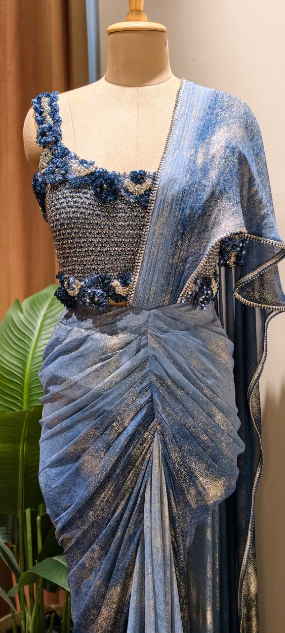 Designer Slate Blue Pre-Draped Silhouette Ruffle Saree with Heavy 3D Floral Embellished Blouse- 14236 RB453