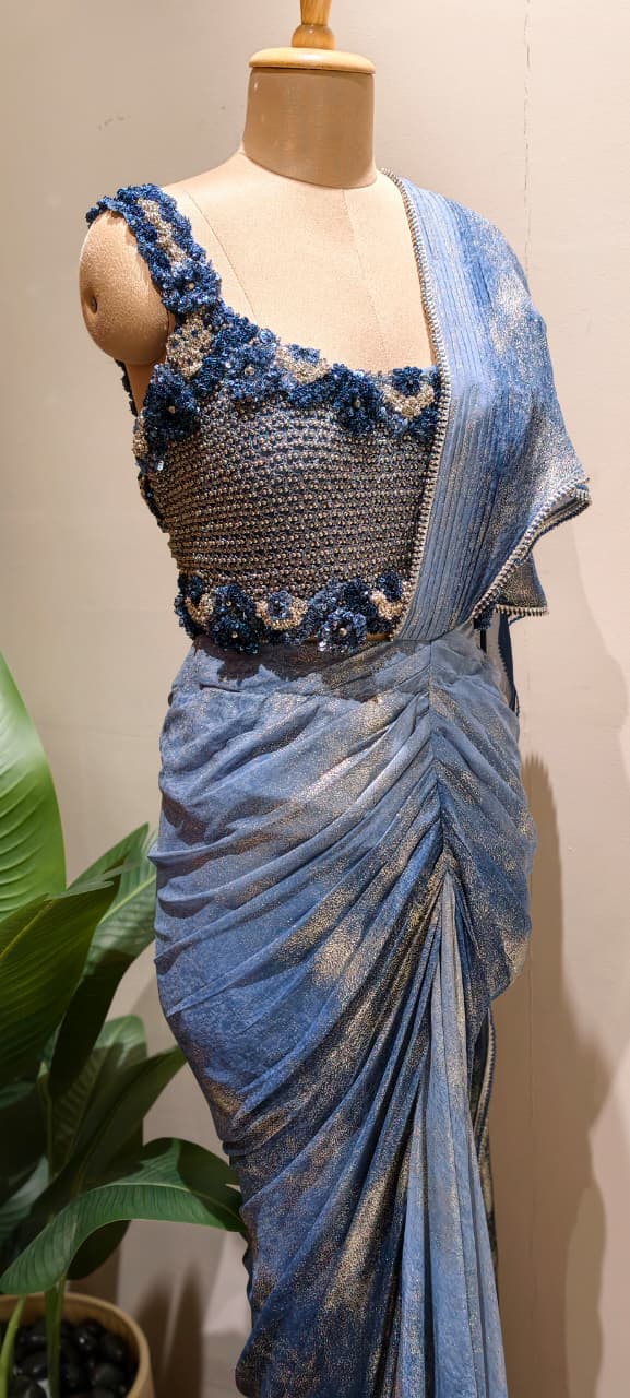 Designer Slate Blue Pre-Draped Silhouette Ruffle Saree with Heavy 3D Floral Embellished Blouse- 14236 RB453