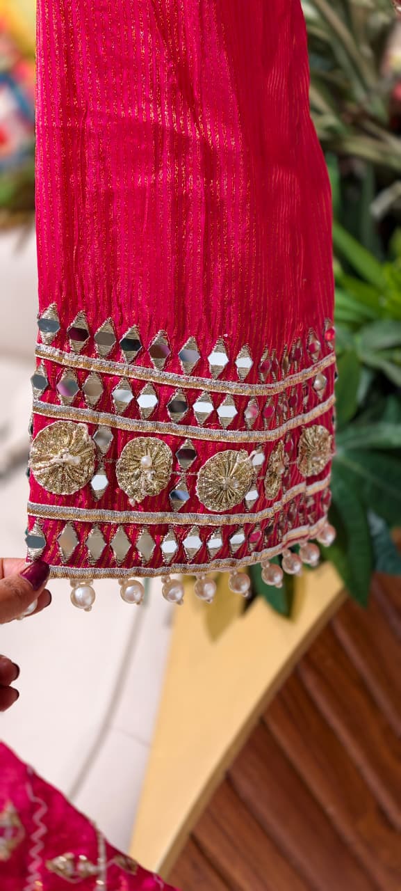Designer Heavy Mirror Work Embroidered Kurta with Farshi Bottom  Dupatta-14879
