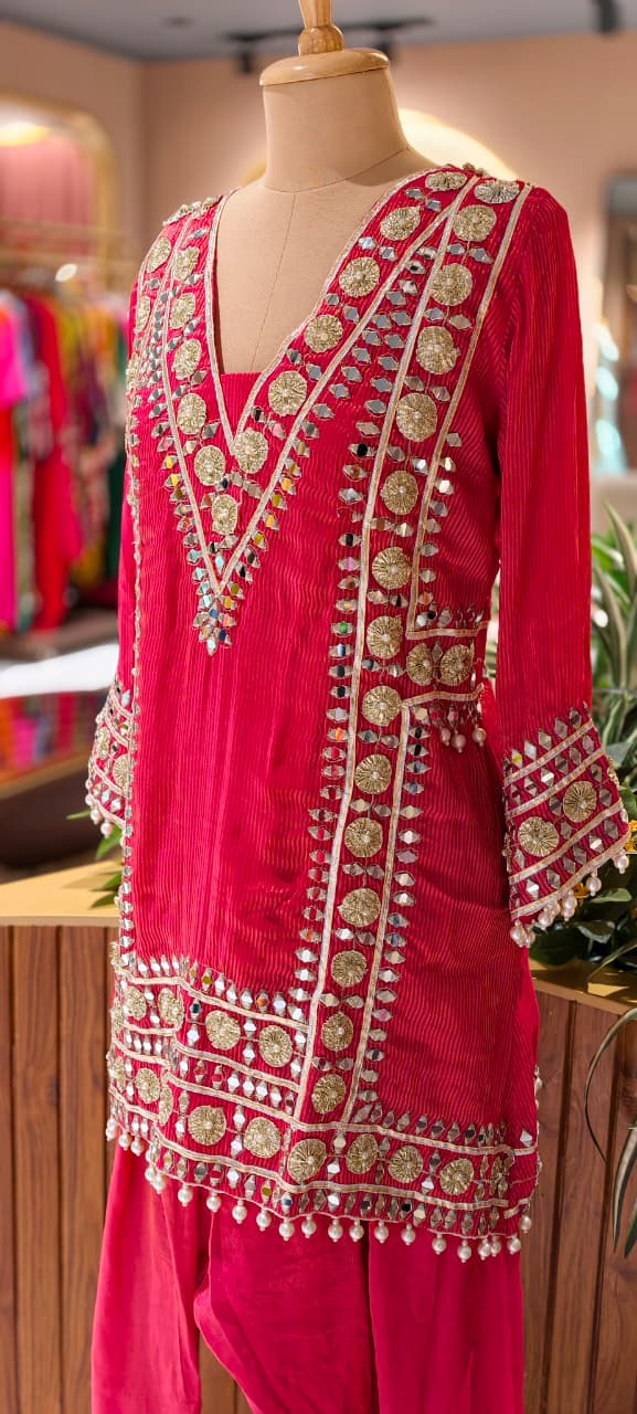 Designer Heavy Mirror Work Embroidered Kurta with Farshi Bottom  Dupatta-14879
