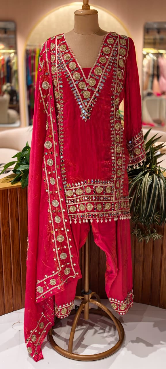 Designer Heavy Mirror Work Embroidered Kurta with Farshi Bottom  Dupatta-14879