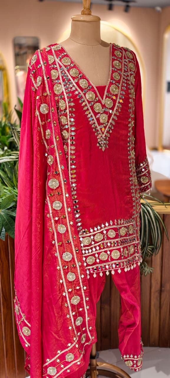 Designer Heavy Mirror Work Embroidered Kurta with Farshi Bottom  Dupatta-14879
