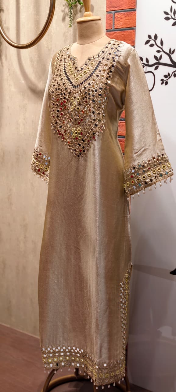 Premium Mirror Work Designer Straight Kurta with Potli Bag-14885