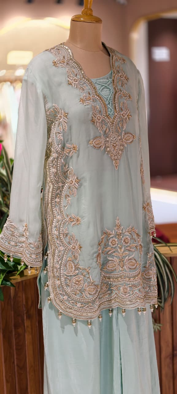 Luxury Designer Embroidered Pakistani Style Kurta Palazzo Set with Dupatta-14887