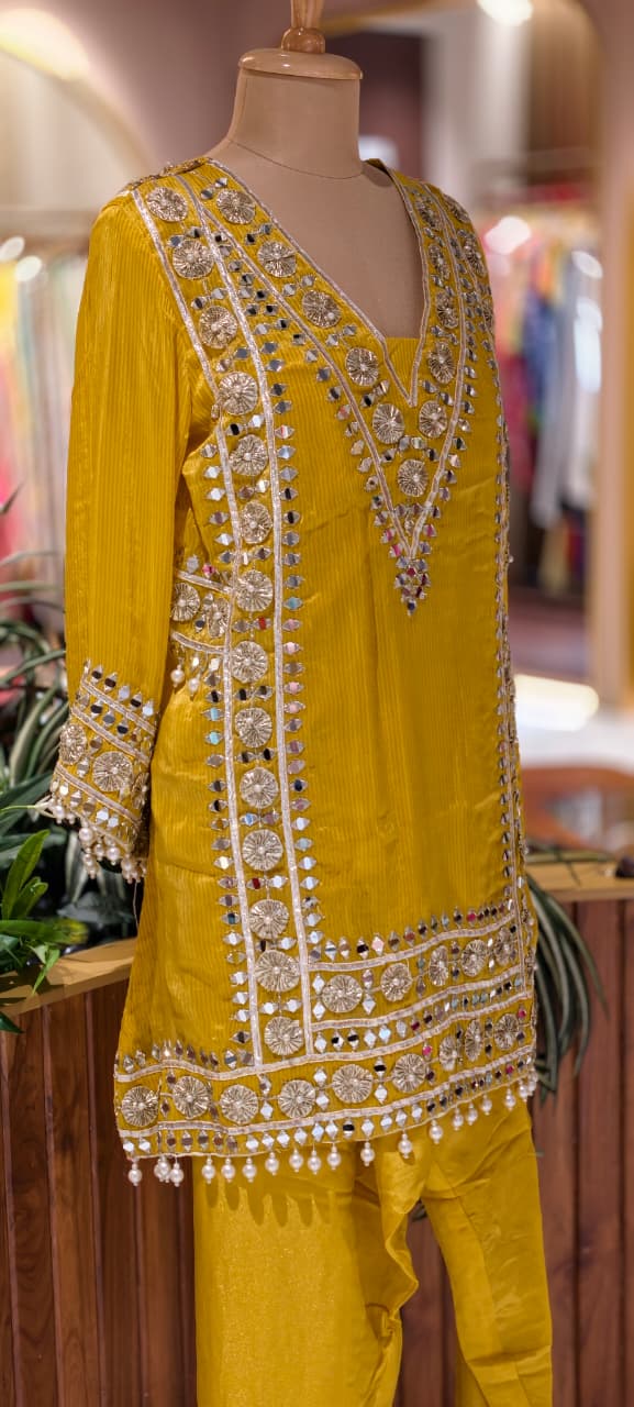 Designer Heavy Mirror Work Embroidered Kurta with Farshi Bottom  Dupatta-14879