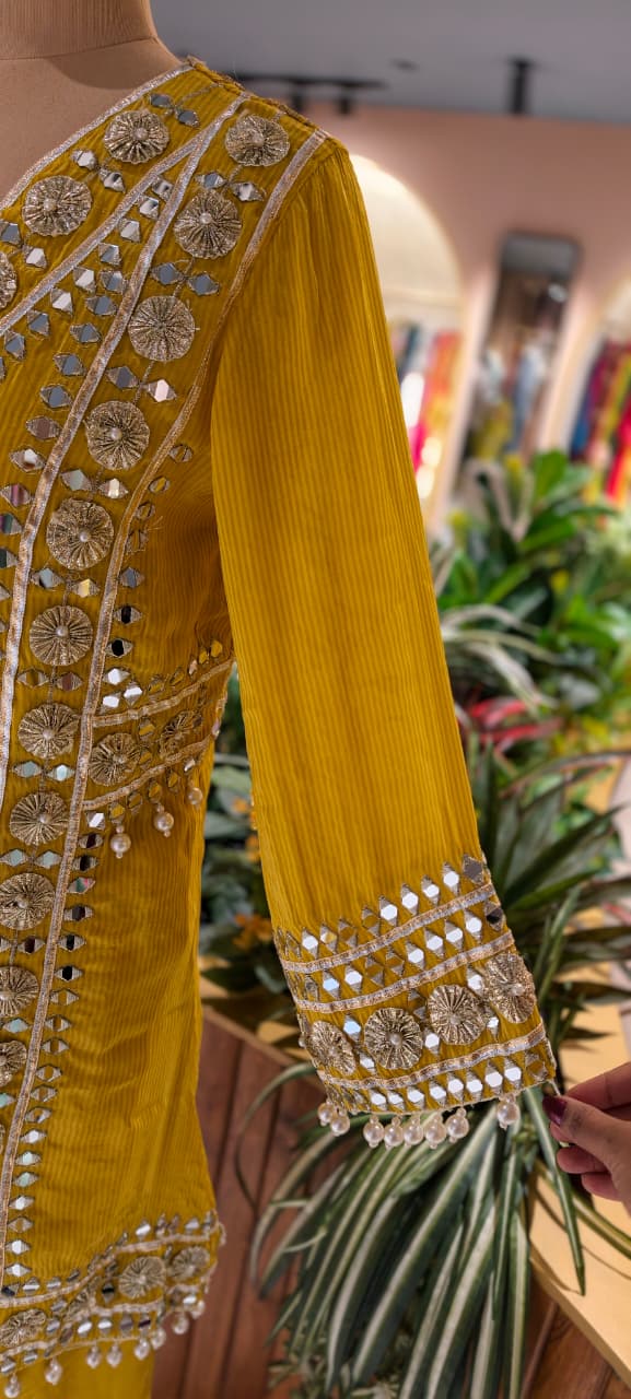 Designer Heavy Mirror Work Embroidered Kurta with Farshi Bottom  Dupatta-14879