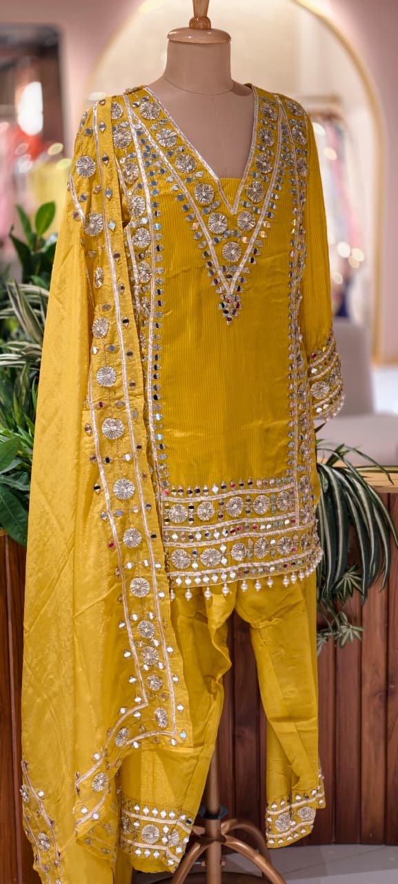 Designer Heavy Mirror Work Embroidered Kurta with Farshi Bottom  Dupatta-14879