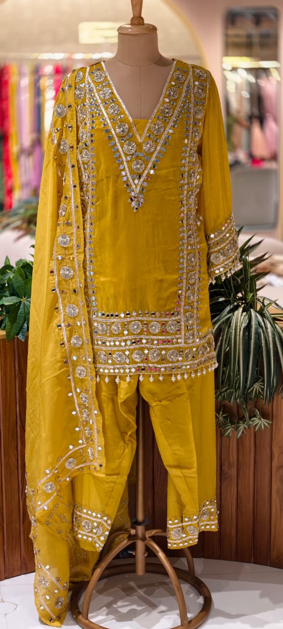 Designer Heavy Mirror Work Embroidered Kurta with Farshi Bottom  Dupatta-14879