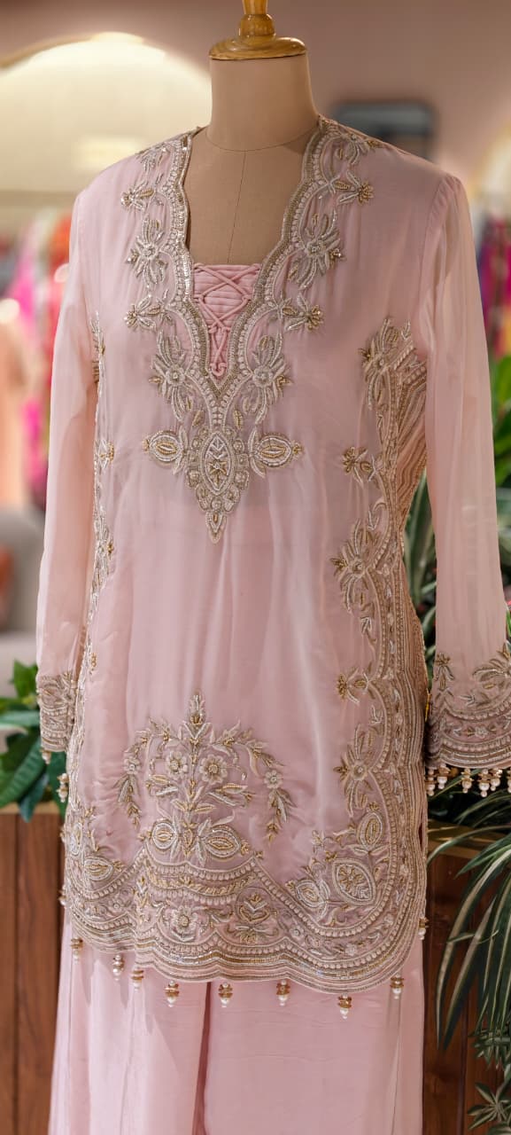 Luxury Designer Embroidered Pakistani Style Kurta Palazzo Set with Dupatta-14887