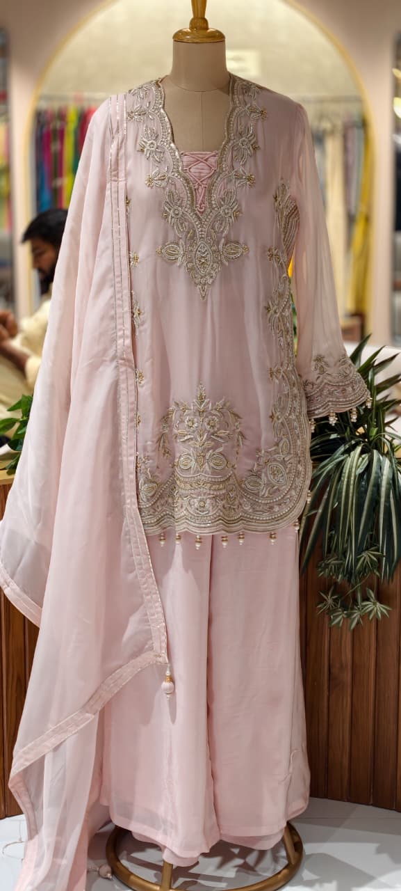 Luxury Designer Embroidered Pakistani Style Kurta Palazzo Set with Dupatta-14887