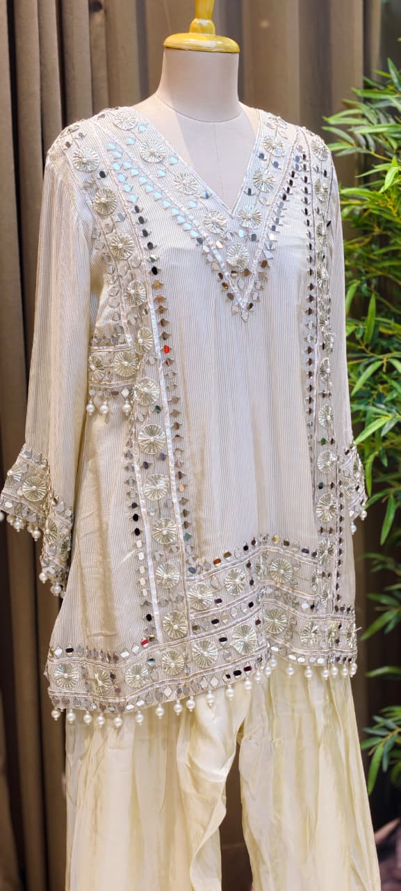 Designer Heavy Mirror Work Embroidered Kurta with Farshi Bottom  Dupatta-14879