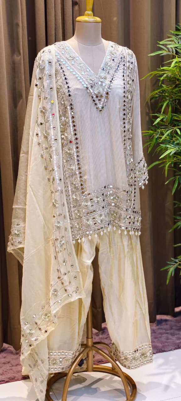 Designer Heavy Mirror Work Embroidered Kurta with Farshi Bottom  Dupatta-14879