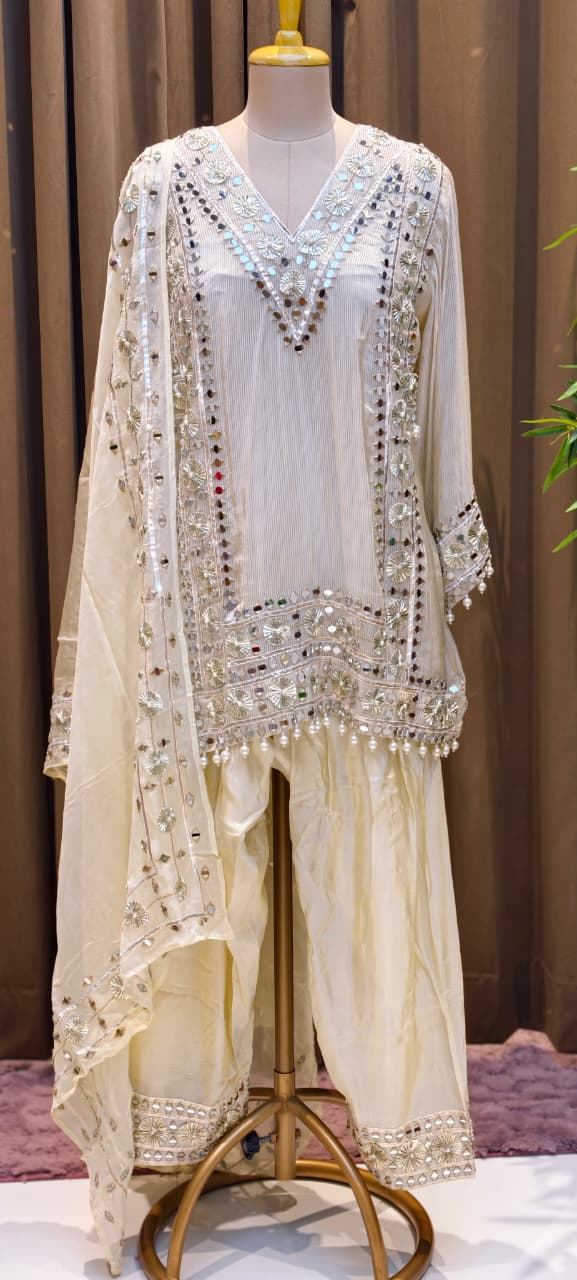 Designer Heavy Mirror Work Embroidered Kurta with Farshi Bottom  Dupatta-14879