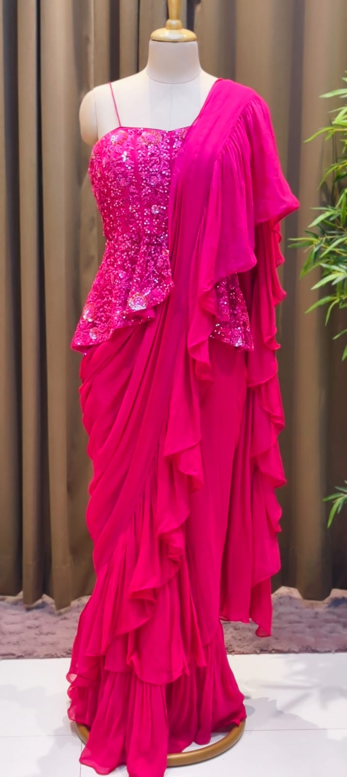 Fuchsia Royale Couture Draped Saree Gown with Heavy Sequin Embellished Corset Blouse-Dispatching after 30 days