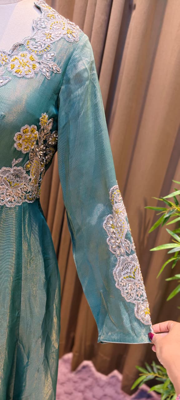 Emerald Aura Shimmer Tissue Designer Anarkali Gown with Dupatta-15595