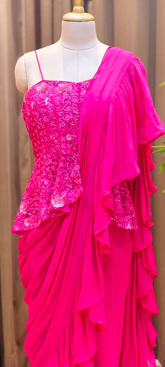 Fuchsia Royale Couture Draped Saree Gown with Heavy Sequin Embellished Corset Blouse-Dispatching after 30 days