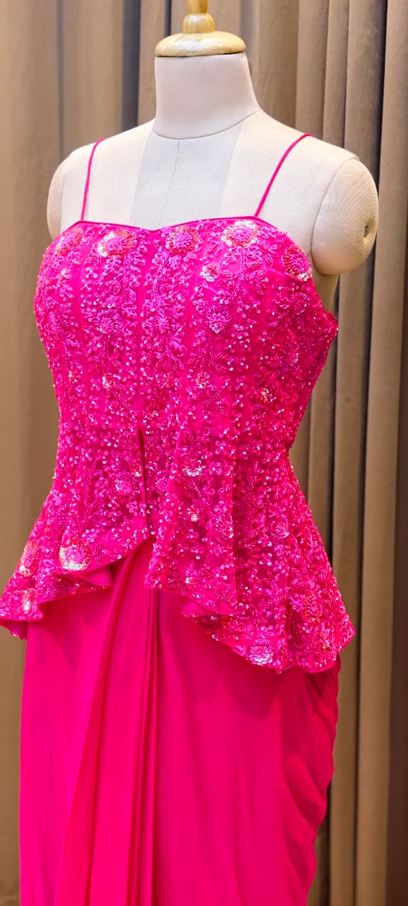 Fuchsia Royale Couture Draped Saree Gown with Heavy Sequin Embellished Corset Blouse-Dispatching after 30 days
